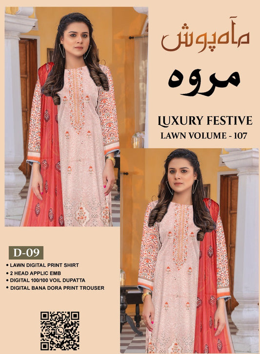 Marwa Luxury Applic Print Lawn D-02 Vol-102
